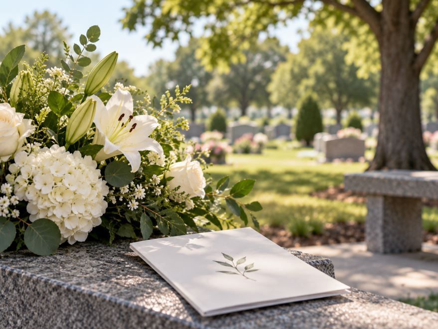 White flowers and a memorial program rest beside a graveside bench in Zionsville, IN