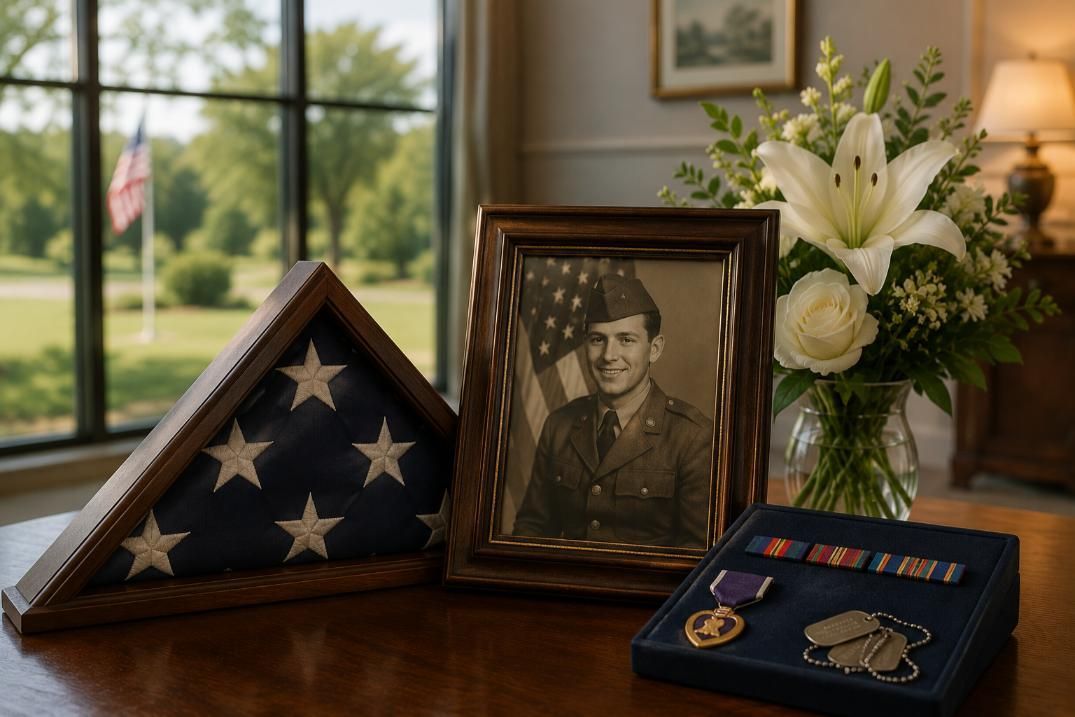 Veteran portrait, folded flag, and medals honor military service, Indianapolis, IN funeral services