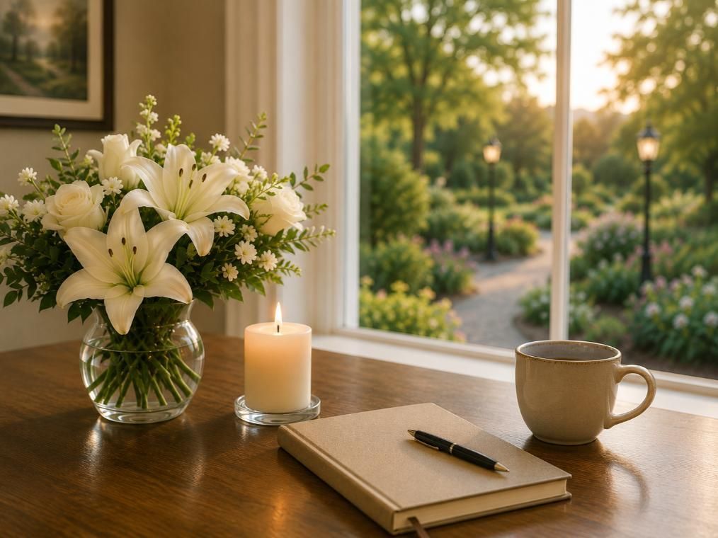 White lilies, candle, and journal reflect family wishes, Indianapolis, IN funeral homes