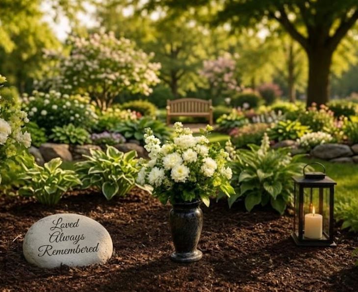 Memorial garden with custom stone and flowers, from a funeral home in Indianapolis, IN