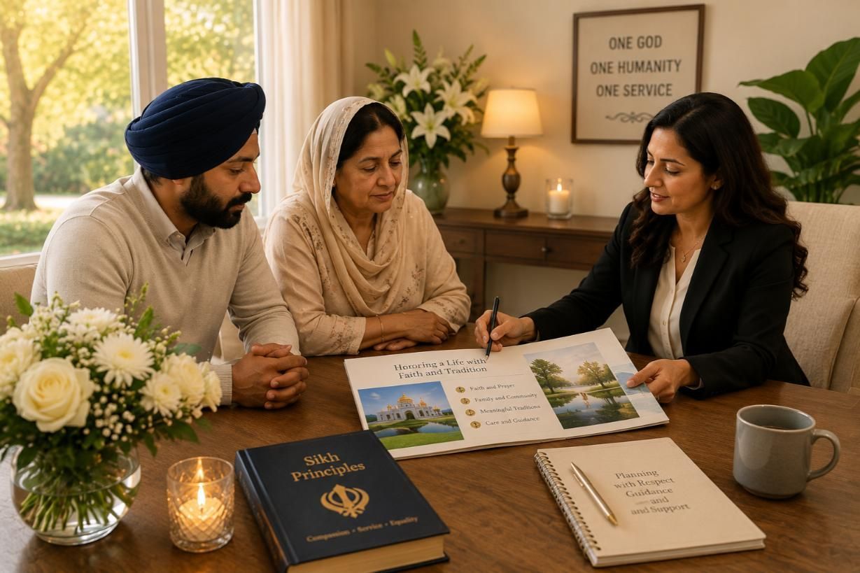 Sikh funeral planning meeting with couple and advisor, Indianapolis, IN cremation services