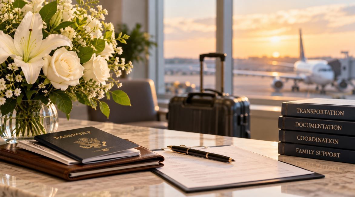 Airport setting with travel documents and service records highlights coordinated ship-out help in Ca