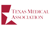 Texas Medical Association logo in red text with a stylized red emblem on a white background