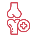 Red outline of a painful knee with a medical plus symbol icon