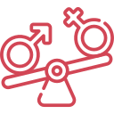 Red line icon of a seesaw with male and female gender symbols balanced on either side.