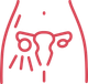 Red line icon of a uterus and ovaries with a menstrual flow symbol on the left.
