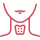 Red line drawing of a lower face and neck with a pendant or throat charm.