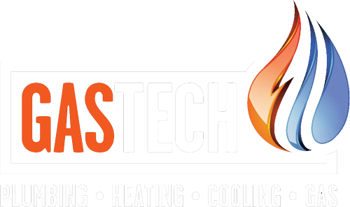 GAS TECH logo with orange text, faint white lettering, and a blue-orange flame icon