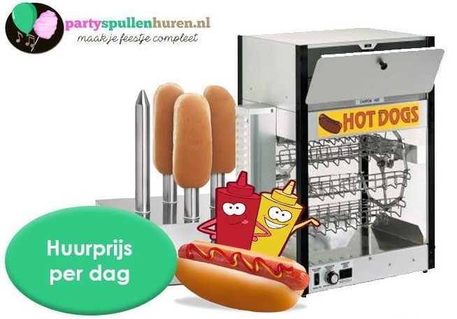 Verhuur van een hotdogmachine: hotdogroller, corndogverwarmers, sauzen en prijskaartje.