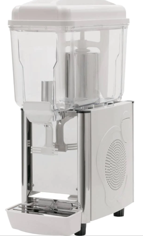 Commerciële dispenser voor koude dranken, transparante container op een roestvrijstalen voet.