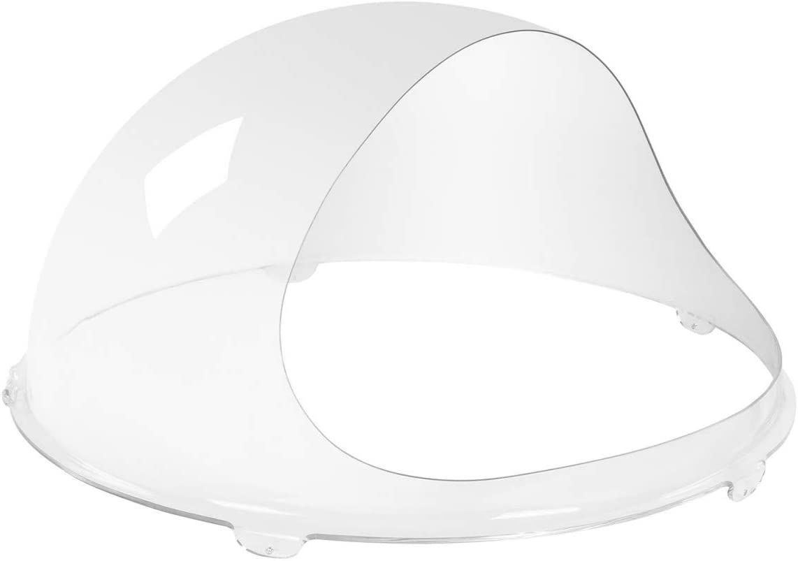 Doorzichtige, koepelvormige plastic voedselafdekking met een brede basis en een gebogen bovenkant.