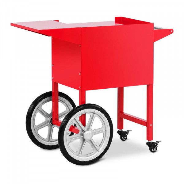 Kar voor popcornmachine Basic Rode popcornkar met zilveren wielen en een bijzettafel.