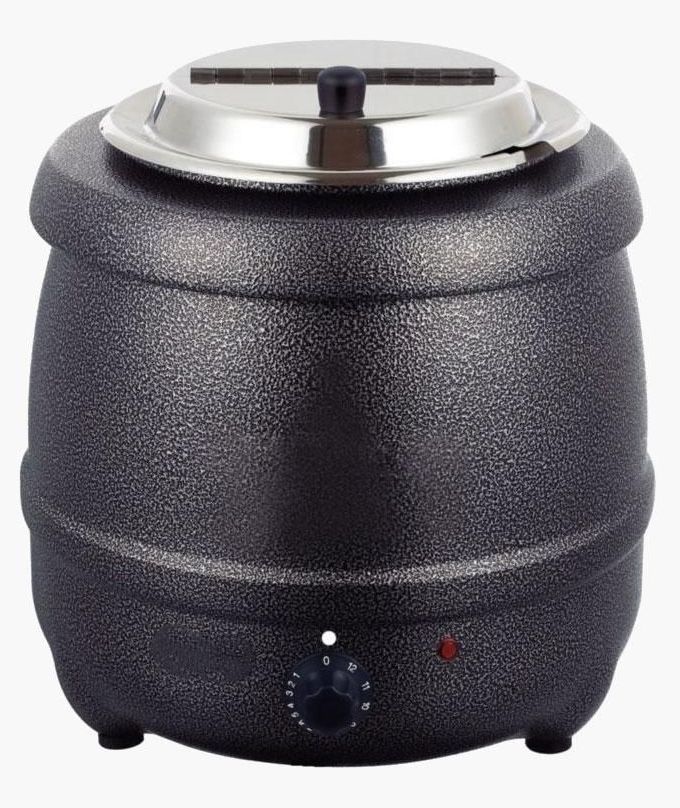 Soepwarmer met roestvrijstalen deksel en temperatuurregelknop.