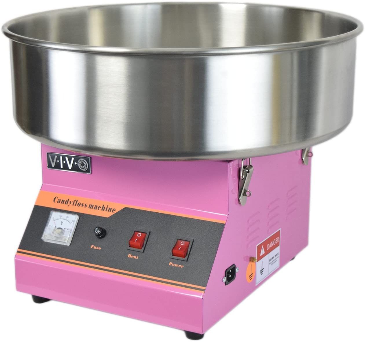 Roze suikerspinmachine met een roestvrijstalen kom en bedieningspaneel.