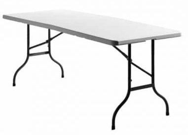 Rechthoekige klaptafel met wit blad en zwarte metalen poten, geschikt voor buiten.