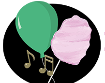 Groene ballon, roze suikerspin, muzieknoten, op een zwarte cirkelvormige achtergrond.