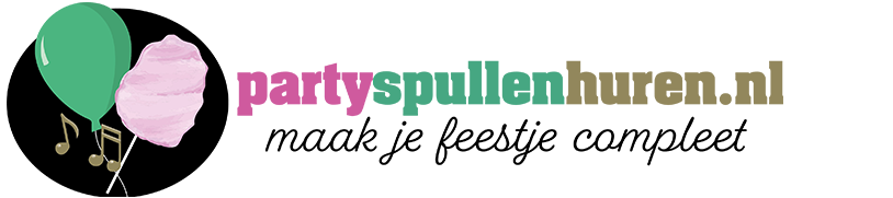 Logo voor partyspullenhuren.nl met een groene ballon, suikerspin, muzieknoten en tekst.