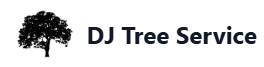 DJ Tree Service logo with black tree silhouette and bold black text on white background