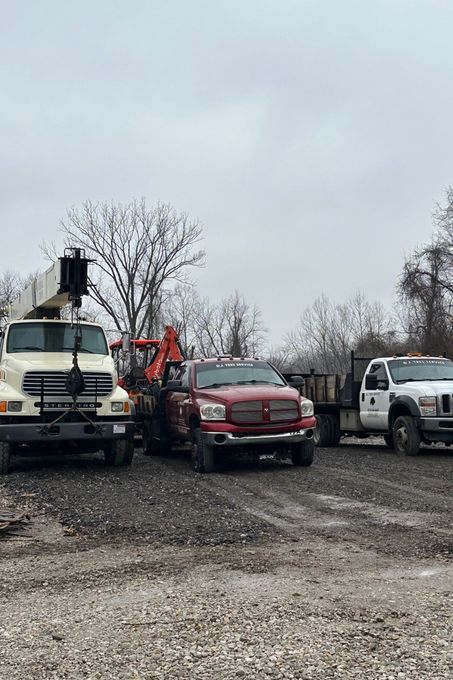 Three work trucks parked on a gravel lot under a cloudy sky