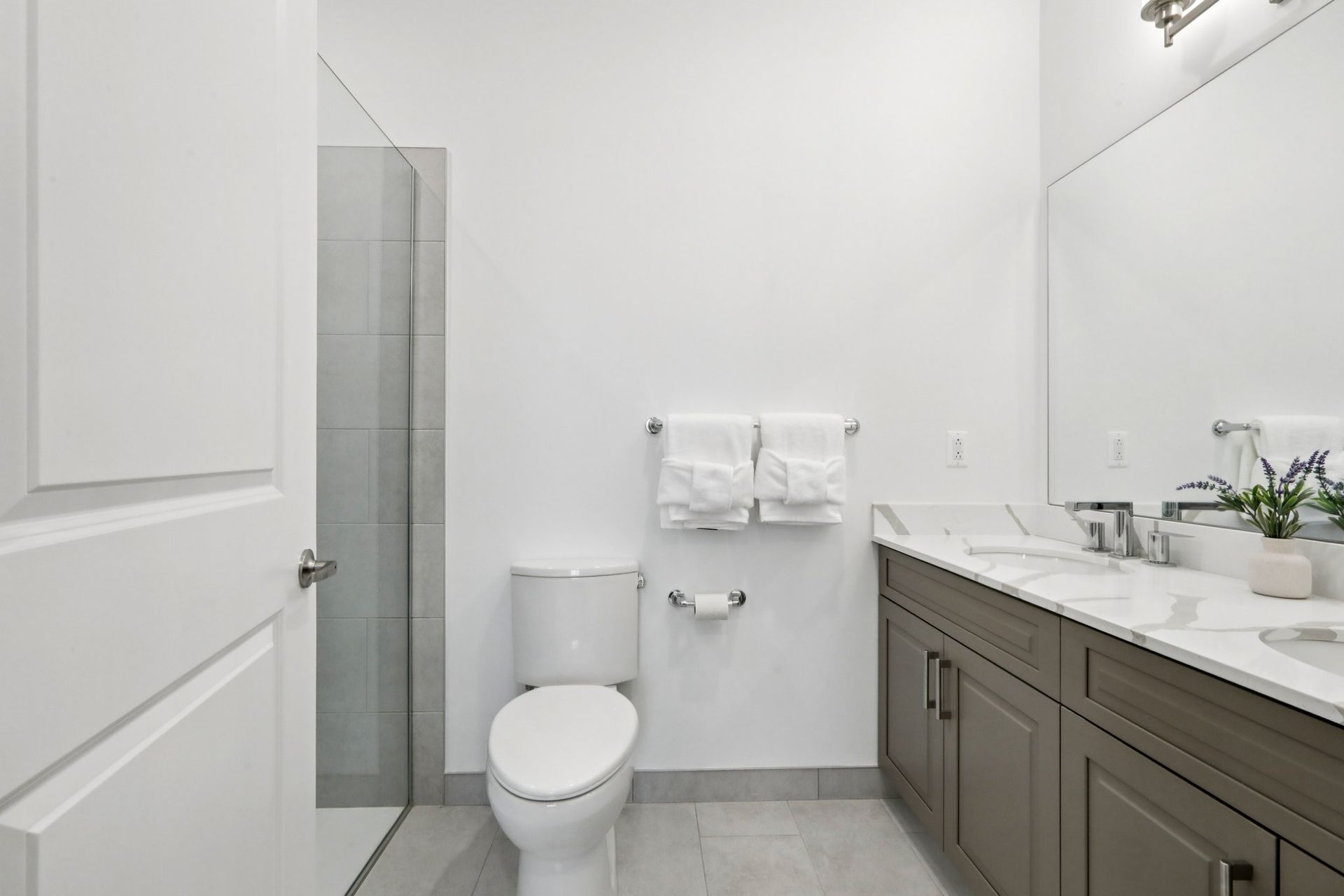Spa-inspired bathroom with double vanity at Meridia Little Ferry apartments, Little Ferry NJ