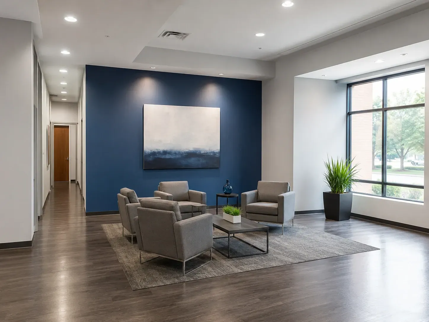 Commercial interior painting in Rockford IL office lobby with blue accent wall and modern seating area
