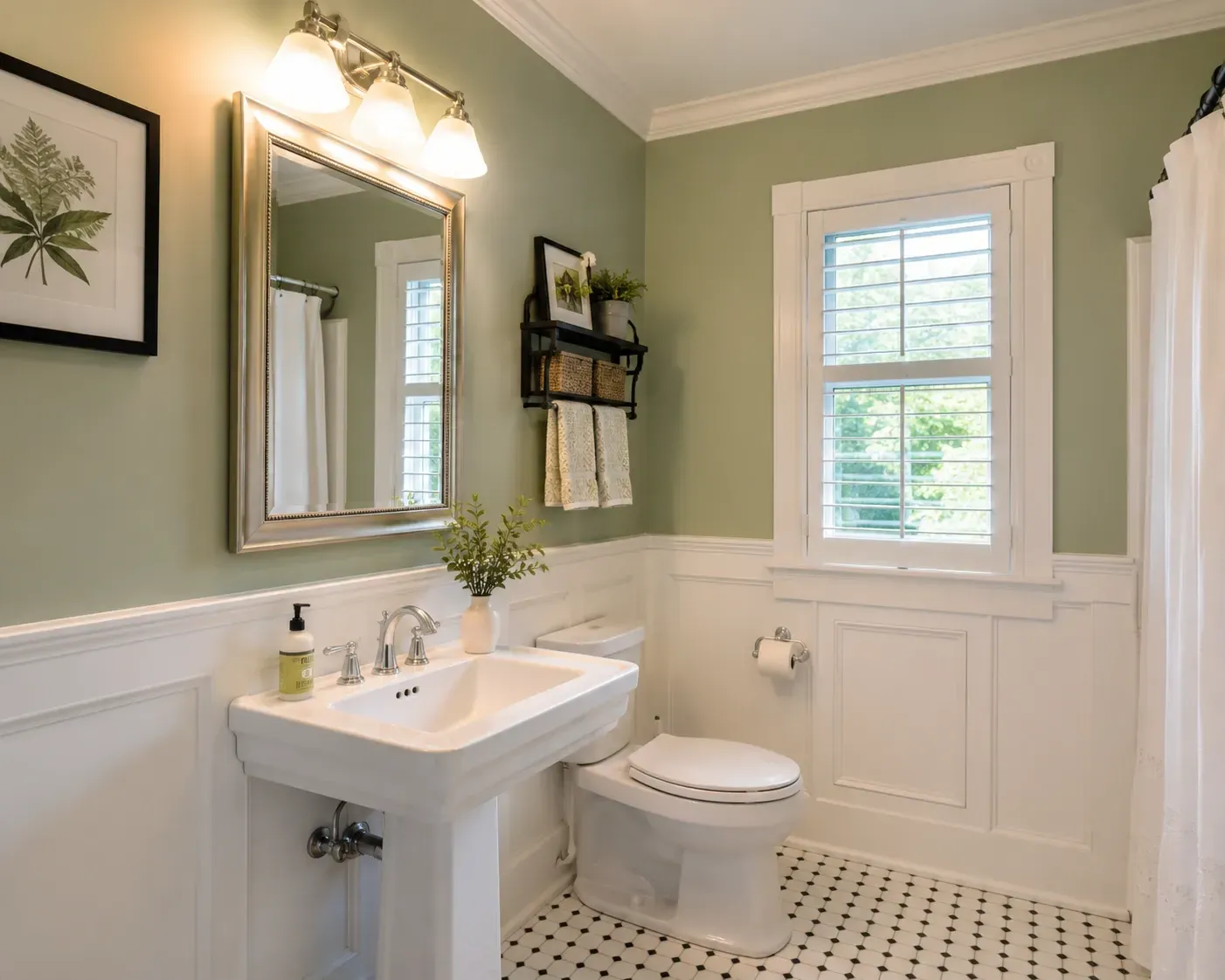 Bathroom interior painting project with green walls and white trim in the Rockford IL service area