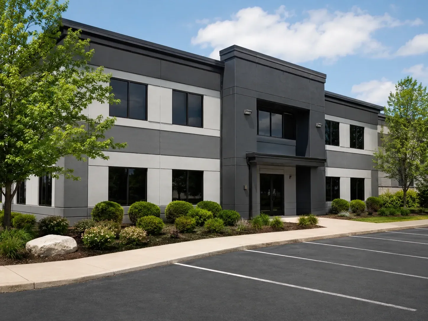 Modern two-story office building with gray facade, landscaping, and empty parking lot