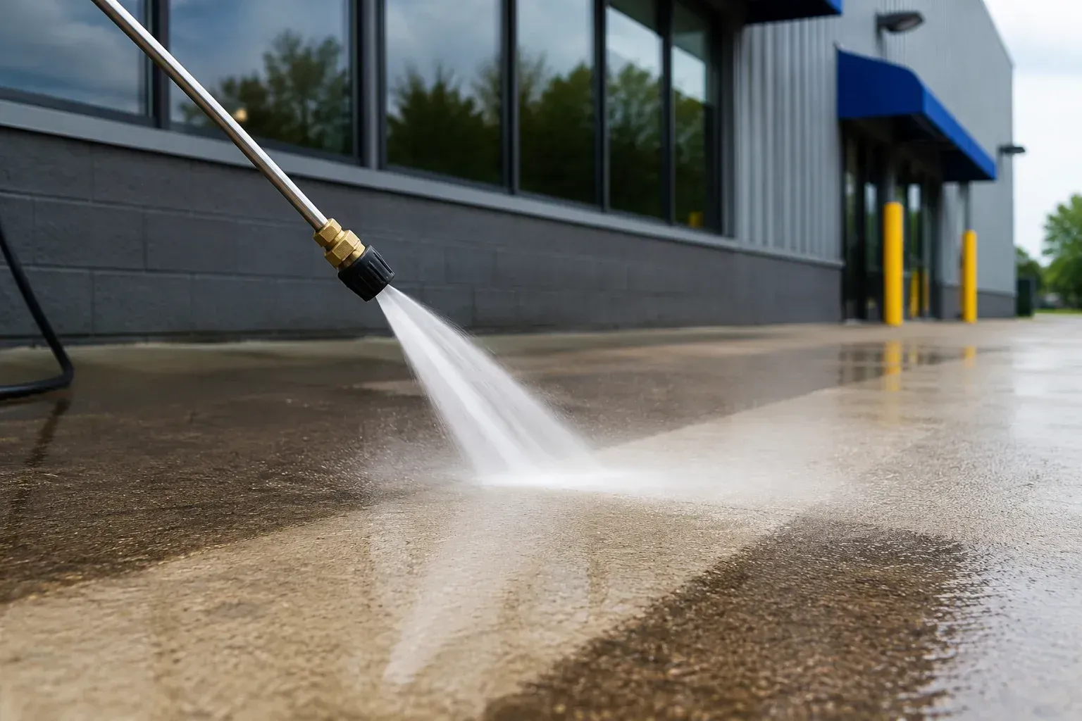 Commercial pressure washing cleaning concrete outside a business building in the Rockford IL service area