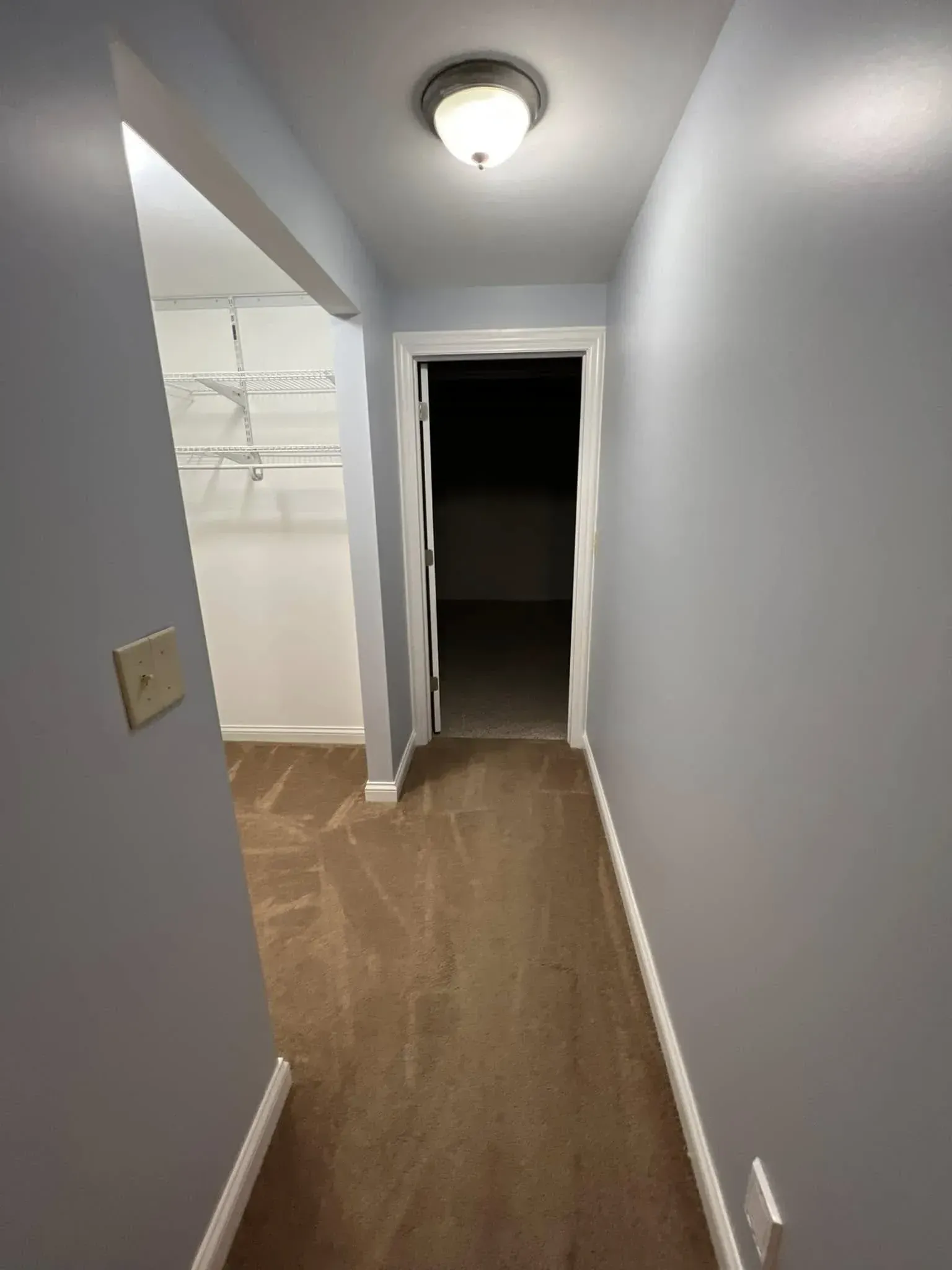 Empty hallway with wood floor, white walls, ceiling light, and open closet door.