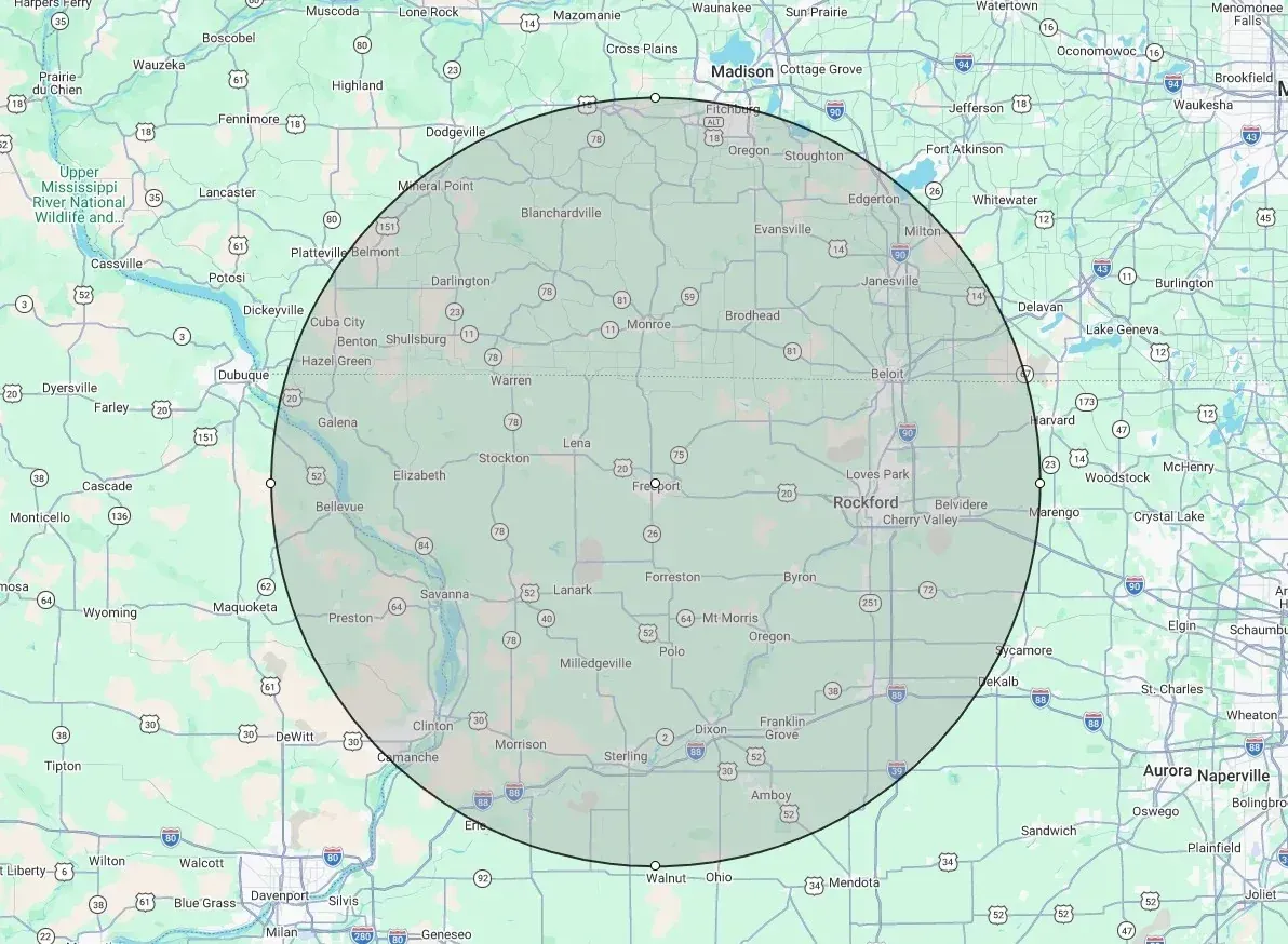 Four Aces Painting service area map showing Rockford IL, Northern Illinois, and Southern Wisconsin including New Glarus WI