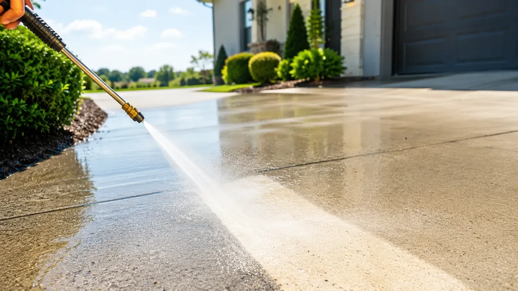 Residential driveway pressure washing service removing dirt from concrete in Rockford IL