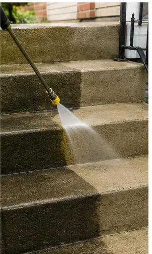 Pressure washing concrete steps to remove built-up dirt and staining in Rockford IL