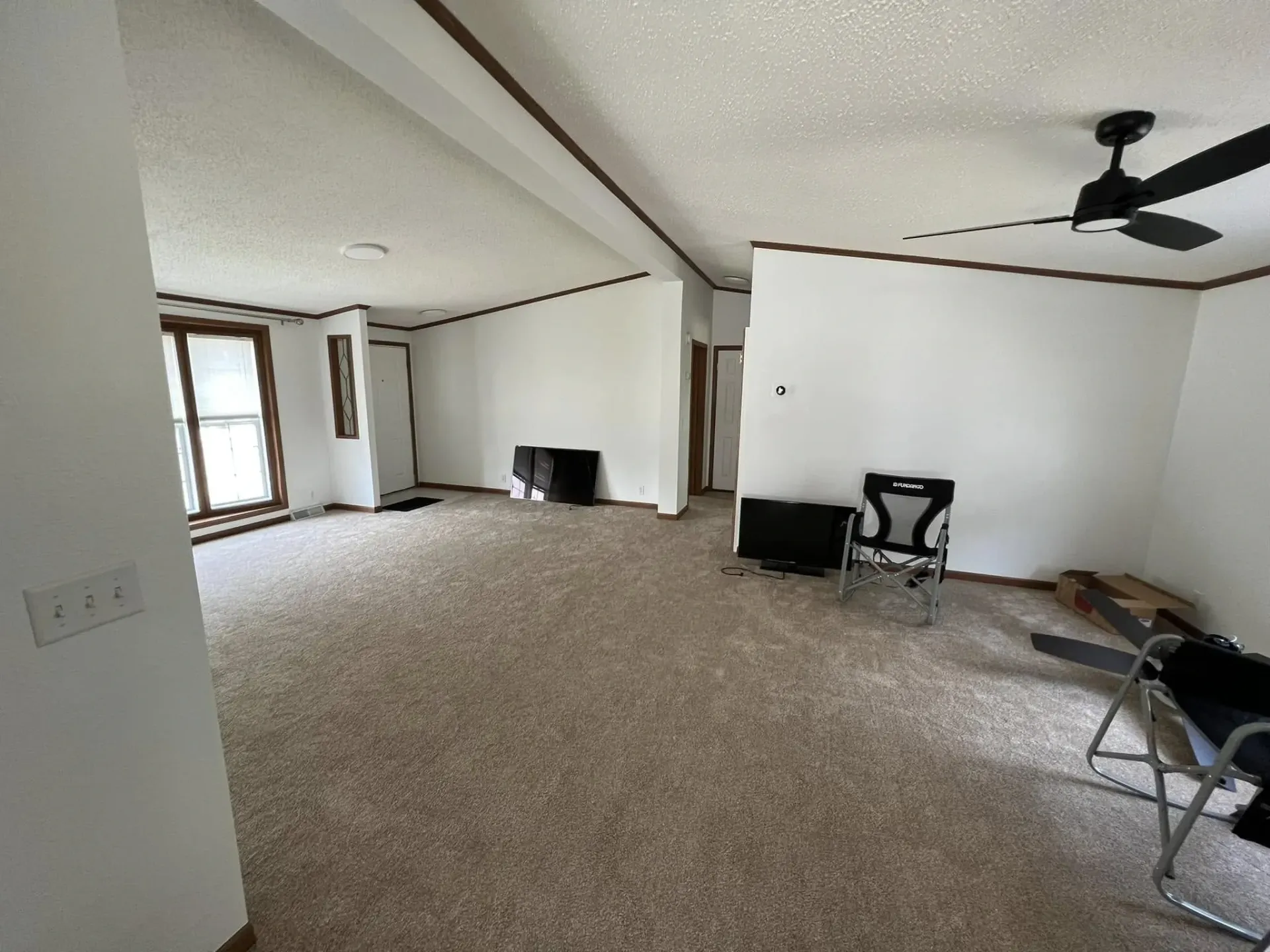 Residential interior painting project with neutral walls, white trim, carpeted living area, and open floor plan near Oregon IL