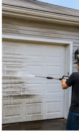 Residential pressure washing service cleaning a garage door before painting or exterior maintenance
