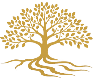 Gold tree with spreading branches and roots, stylized on a white background