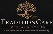 TraditionCare Funeral Services logo with gold tree icon and tagline on black background