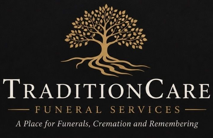 TraditionCare Funeral Services logo with gold tree icon and tagline on black background