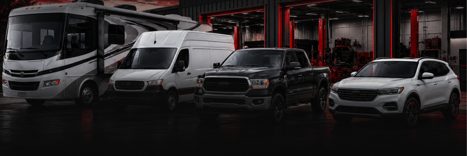 Four vehicles, including a bus and white van, parked in a dim garage with red-lit columns. | Ron's Auto & RV