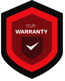 Red shield warranty badge with white check mark and “OUR WARRANTY” text in the center | Ron's Auto & RV