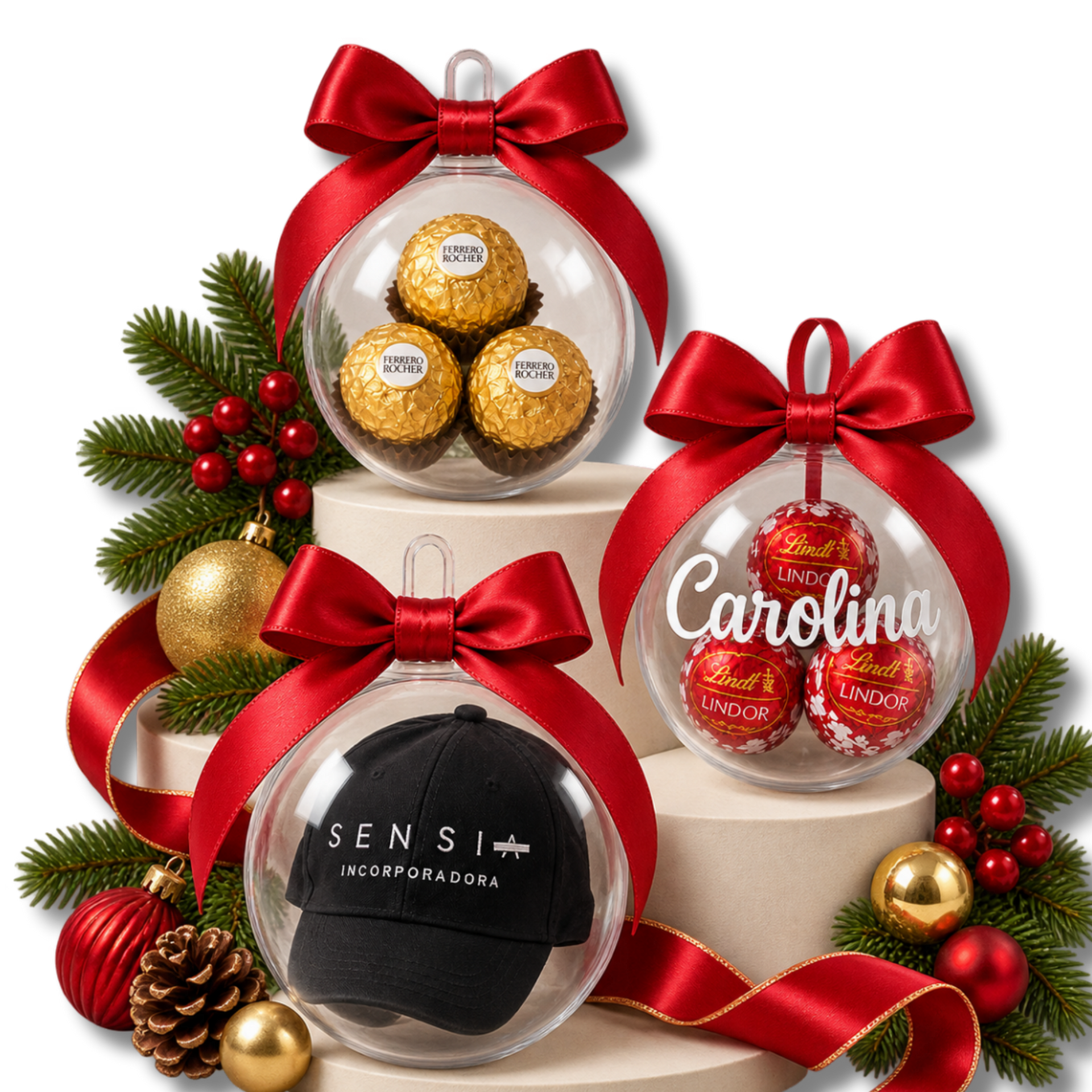 Caixas de presente festivas com laços vermelhos, chocolates e folhagens natalinas sobre um fundo branco.