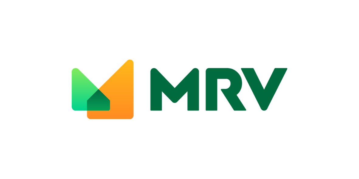 Logotipo da MRV com marca geométrica verde e laranja e texto verde.