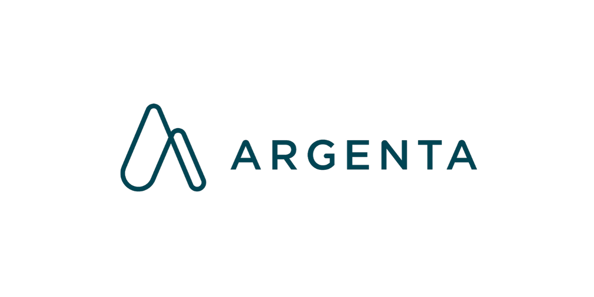Logotipo da Argenta em tom verde-azulado com ícone de linha estilizado e marca denominativa em fundo branco.