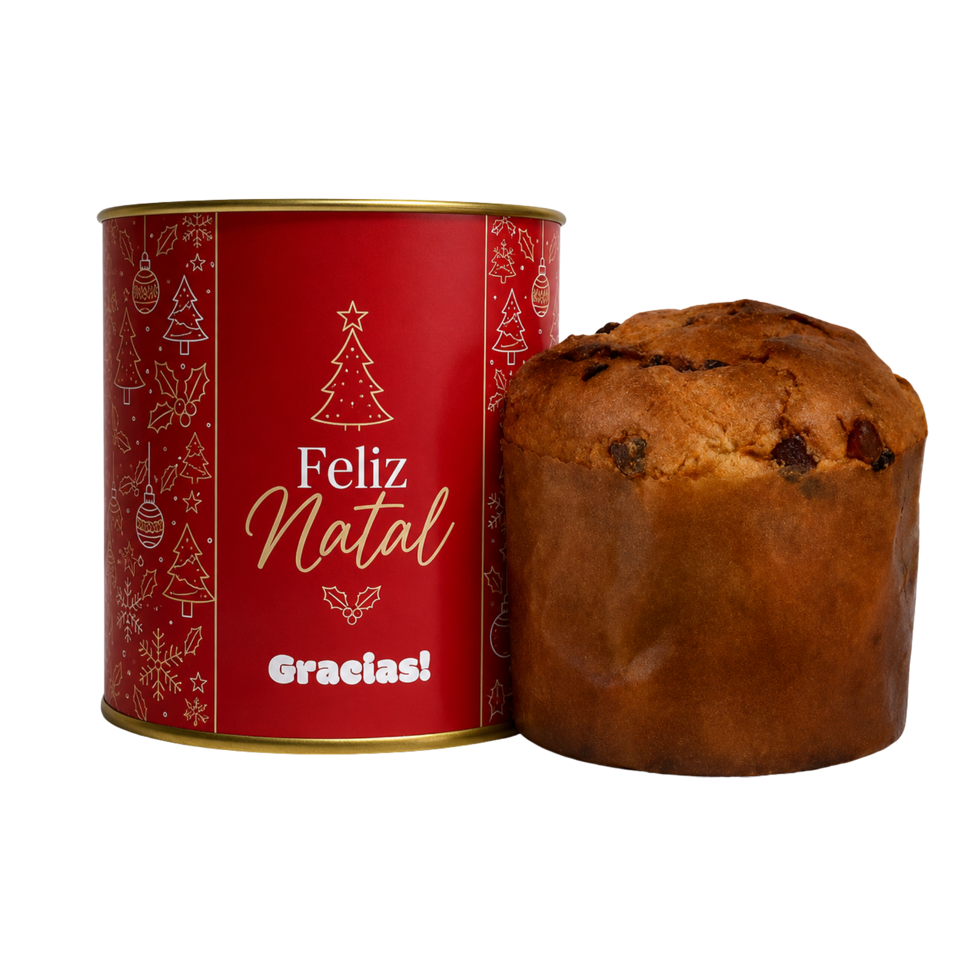 Lata vermelha de Natal com a inscrição “Feliz Natal” ao lado de um panetone marrom simples.