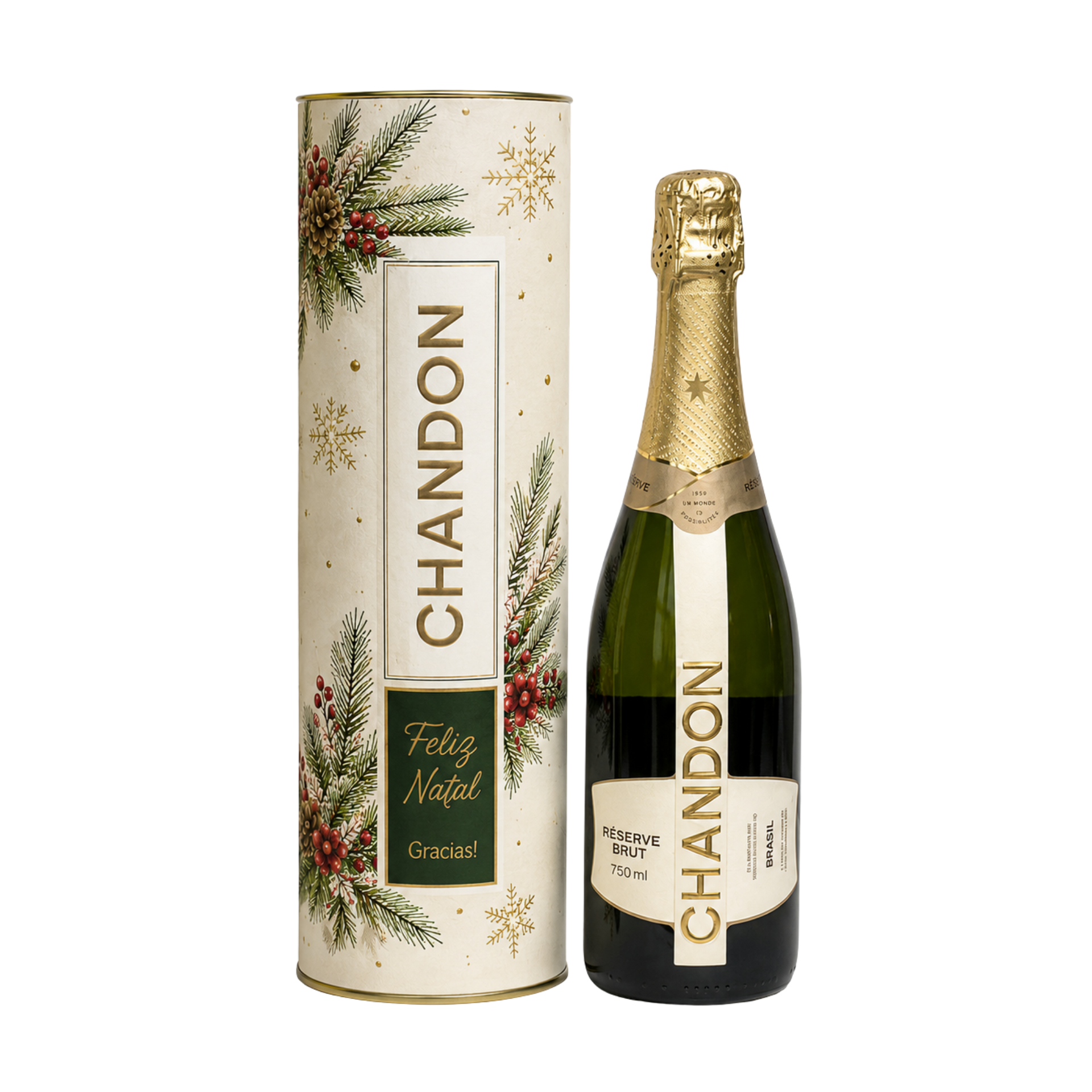Garrafa de vinho espumante Chandon ao lado de uma caixa de presente festiva com detalhes dourados.