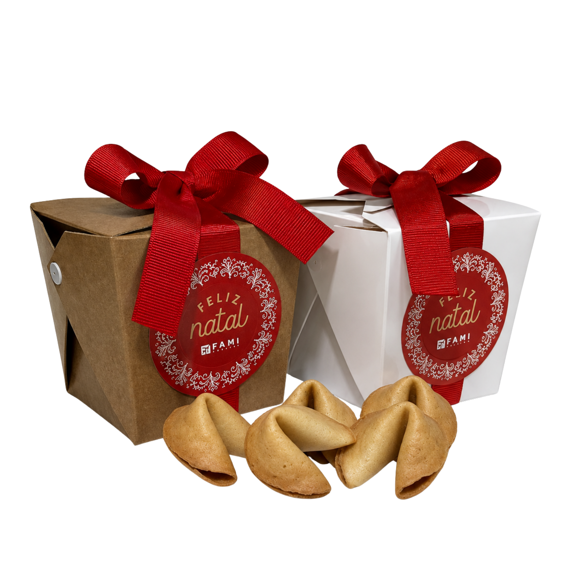 Duas caixas de presente vermelhas com laços e biscoitos da sorte sobre um fundo branco.