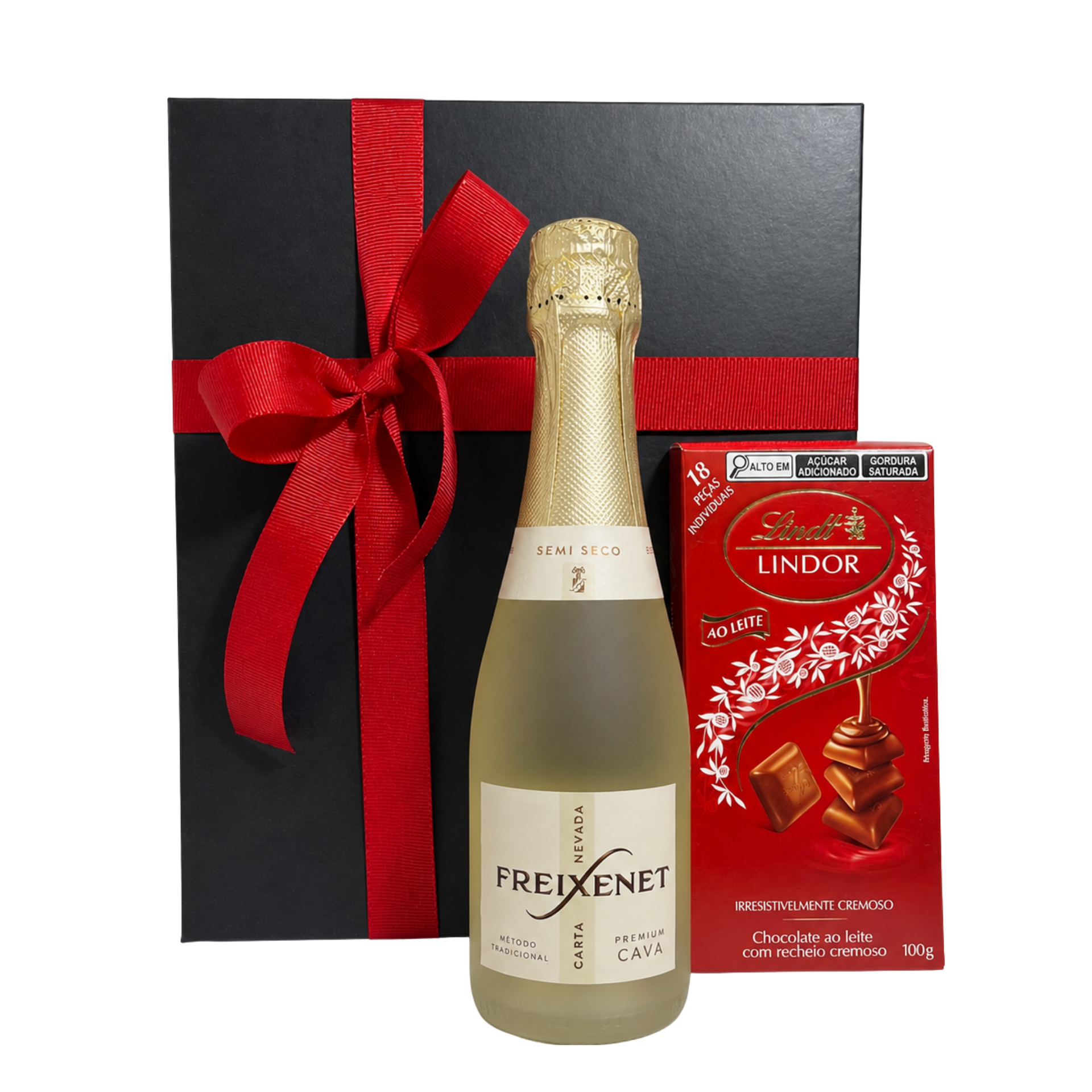 Conjunto para presente com uma garrafa de vinho espumante Freixenet, caixa de chocolates Lindor vermelhos e sacola de presente preta com fita vermelha.