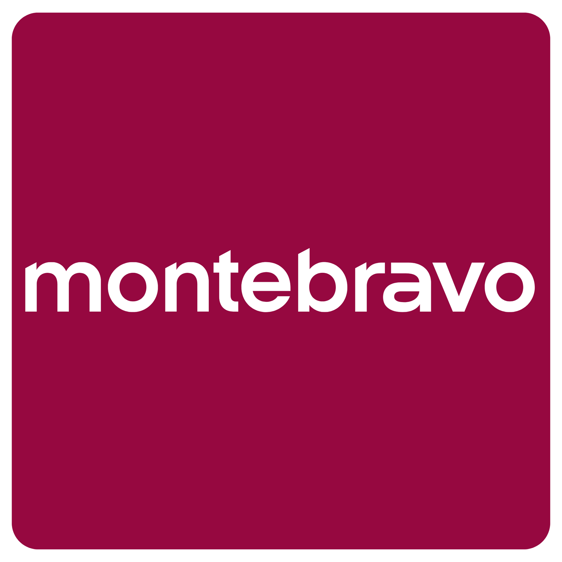 Texto "montebravo" em branco sobre um logotipo quadrado magenta escuro.