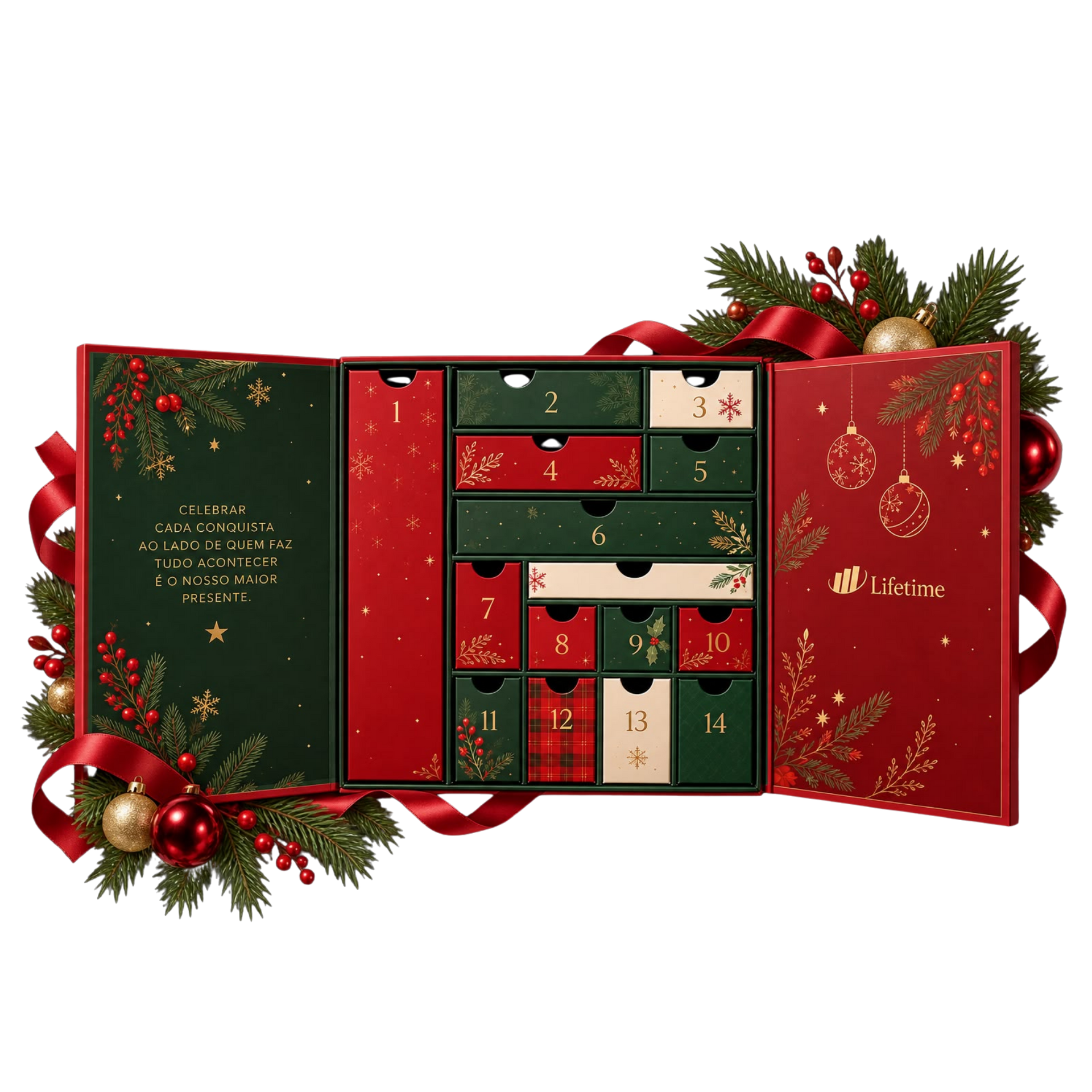 Calendário do Advento de Natal vermelho e verde com gavetas numeradas e decorações festivas de azevinho.
