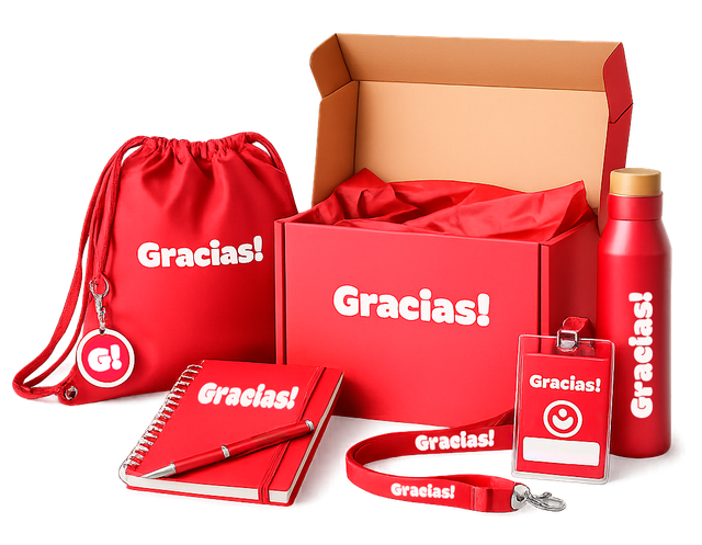 Uma mochila vermelha vibrante, um boné e uma garrafa de água, cada um com a inscrição 