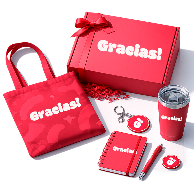 Um kit personalizado contendo uma sacola rosa, uma caneca rosa e um caderno rosa, todos com a palavra 